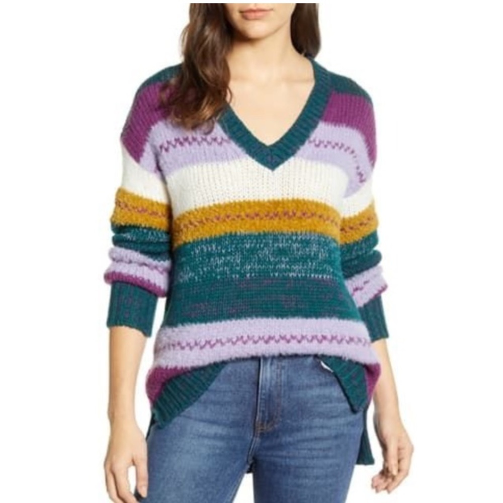 Caslon Mixed Stripe V-Neck Pullover Sweater Size Large